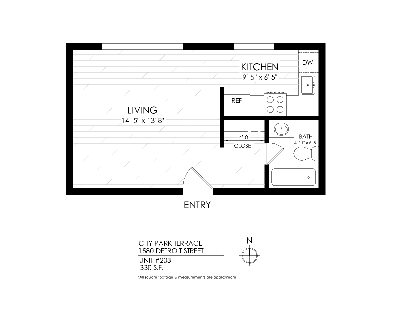 Floor plan for studio, 1 bath, 340 sqft